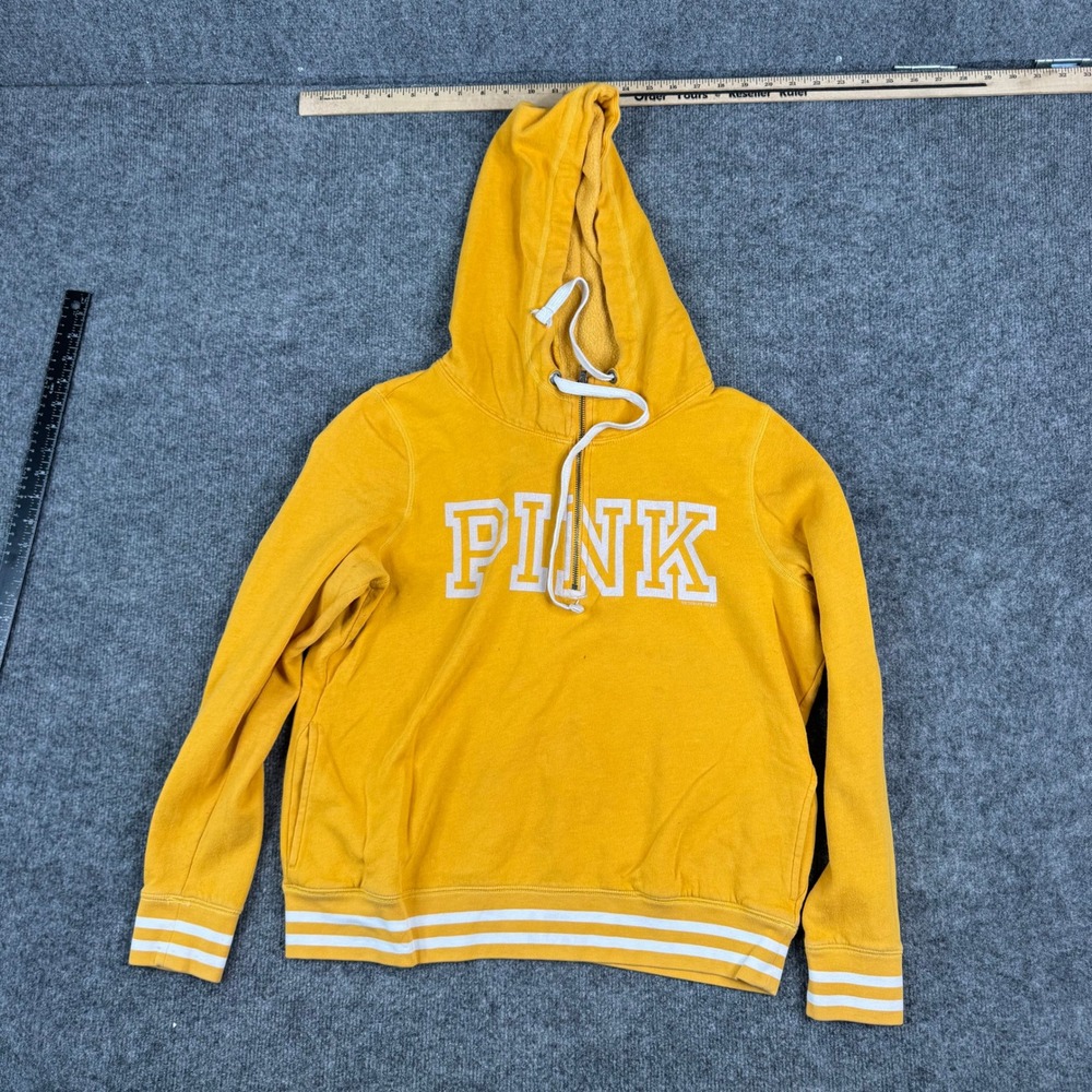 Pink Hoodie Womens Size L Yellow Quarter Zip Striped Trim Logo Pullover 24131